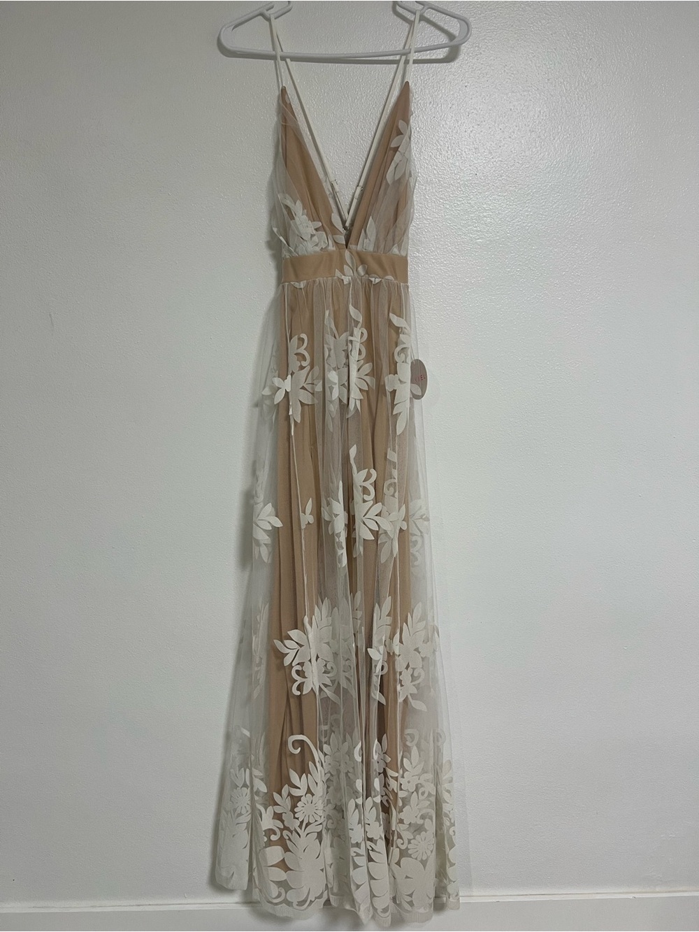 Vici Beige Maxi Dress with Ivory Floral Appliqué